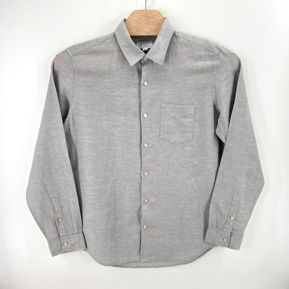Gap Standard Fit Linen Blend Shirt Size L Cotton Grey Long Sleeve Casual New